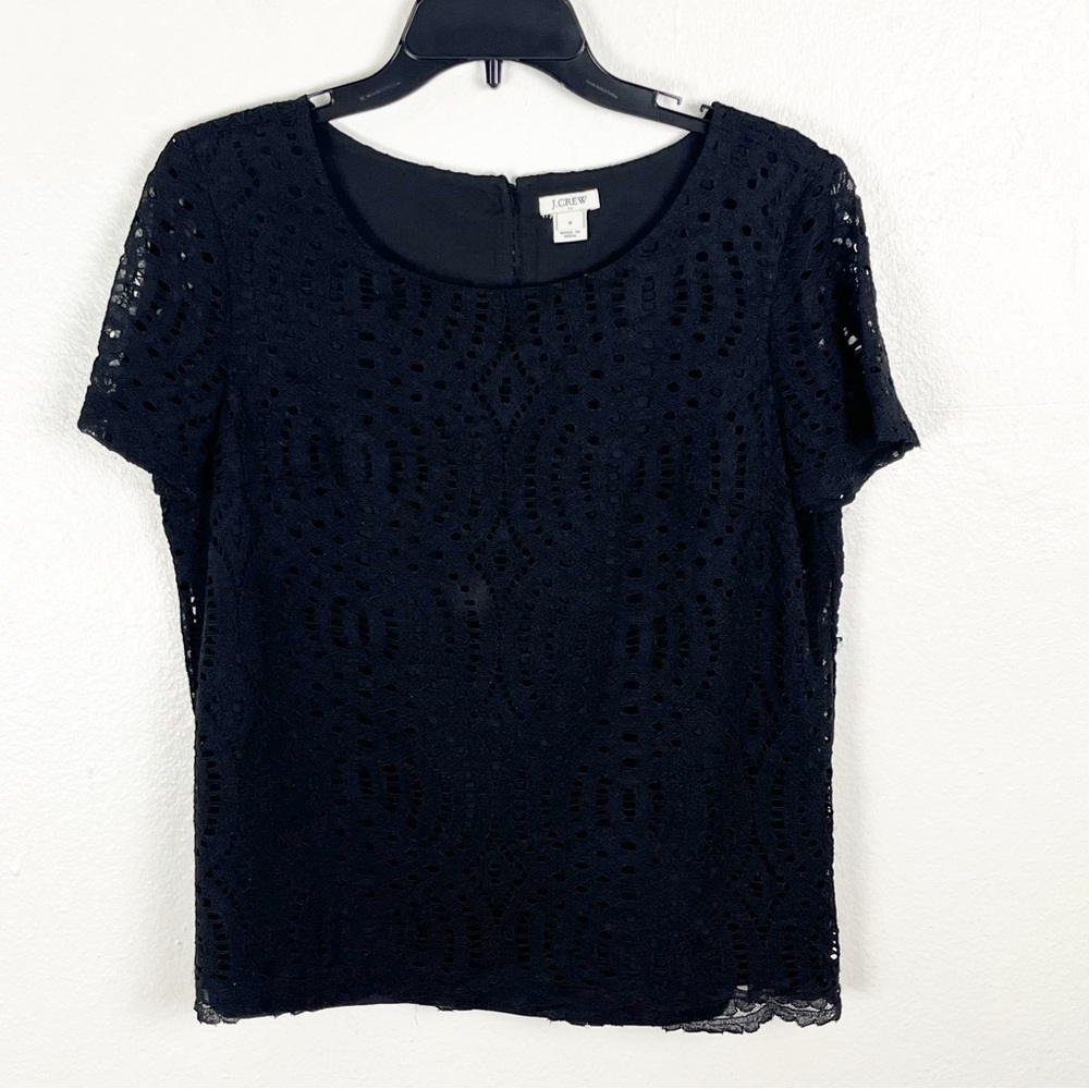 J. CREW Factory Black Eyelet Overlay Short Sleeves Blouse, Size 8 Casual Neutral